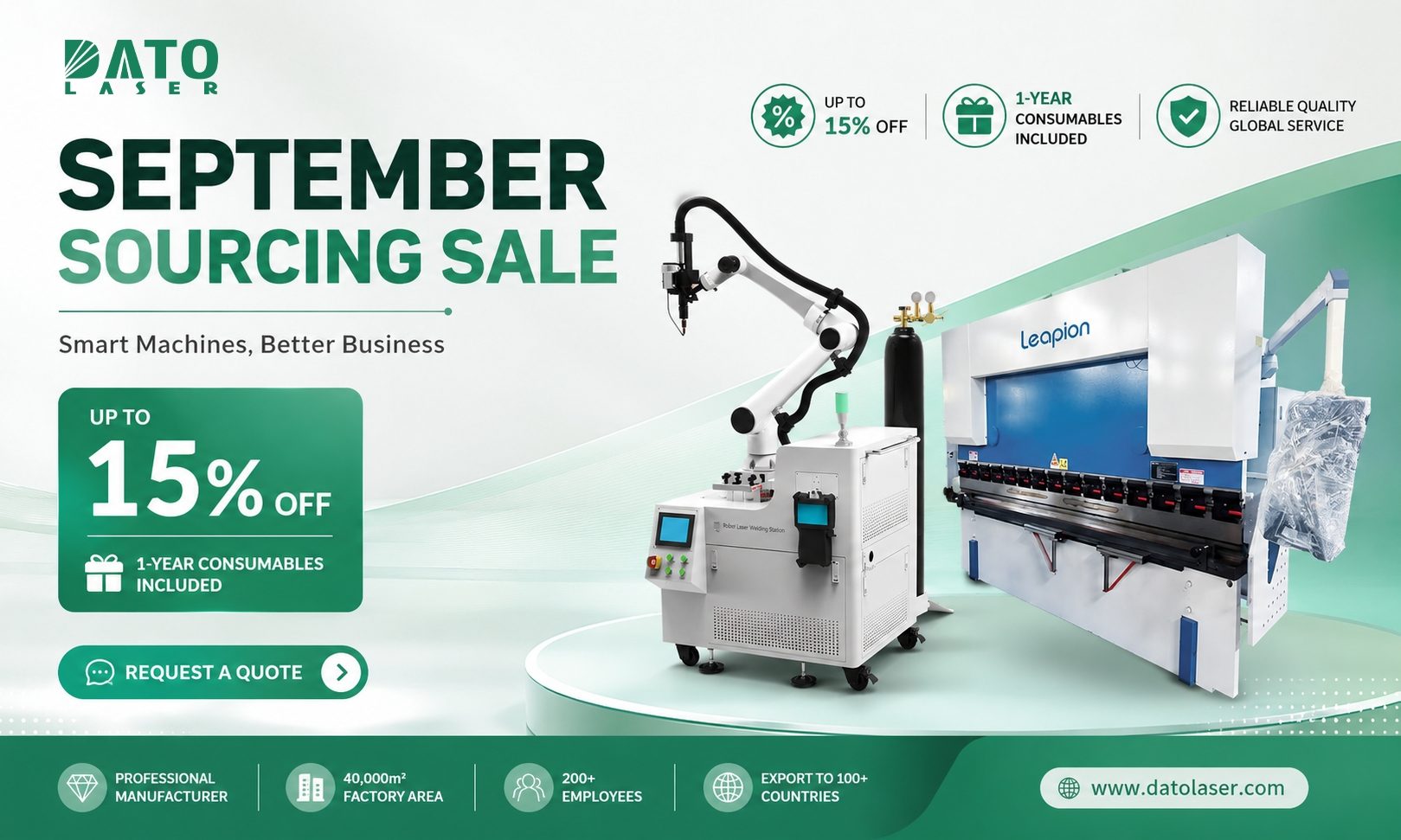 Oferta de abastecimiento de septiembre de DATO LASER 2026: hasta un 15% de descuento en robots de soldadura l&aacute;ser y plegadoras CNC